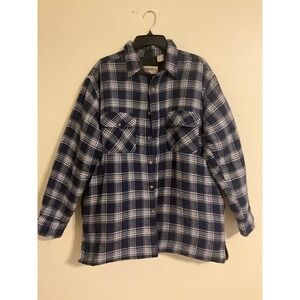 Wilderness Men's Plaid Flannel Lined Shirt Jacket Navy Blue White Quilted Largge